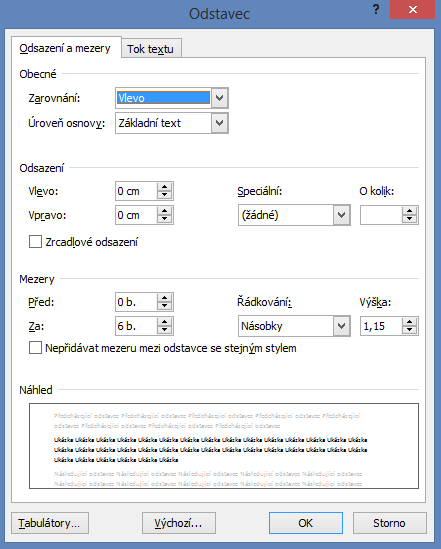Dialogové okno s možností nastavení mezer mezi odstavci