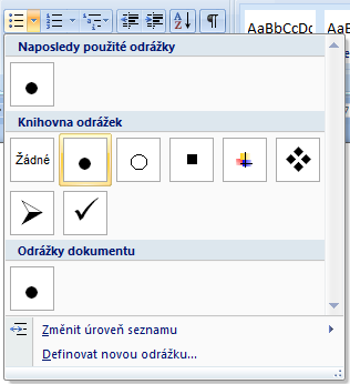 Předdefinované odrážky ve Wordu