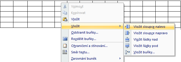 Kontextová nabídka tabulky