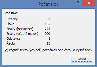 Okno Počet slov se statistikou dokumentu