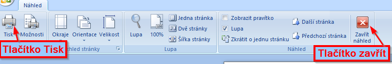Tlačítka Tisk a Zavřít náhled na kartě Náhled