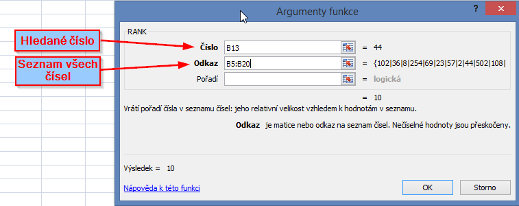 Dialogové okno funkce Rank