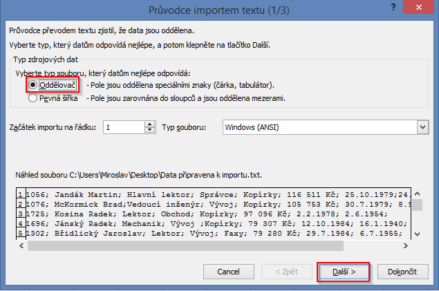 Průvodce importem textu I
