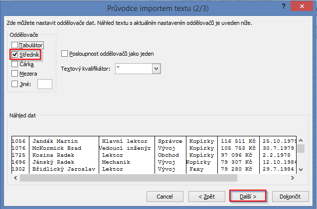 Průvodce importem textu II
