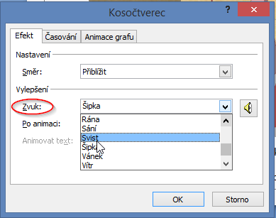 Záložka Efekt a volba Zvuk