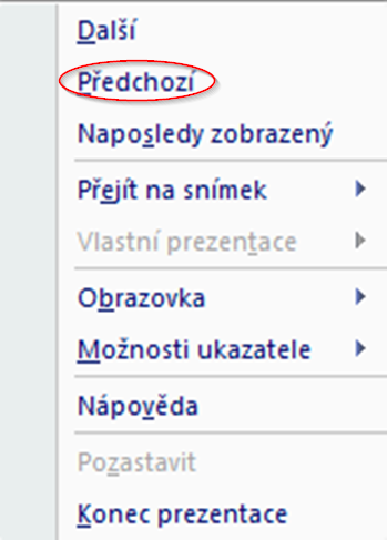 Kontextová nabídka při projekci prezentace